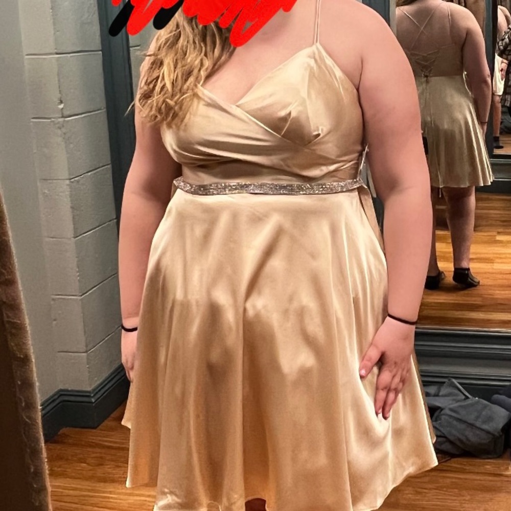 Satin champagne gold cocktail dress built in bra lace up back XXL NEW WITH TAGS